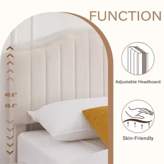 VECELO Bed Frame, Upholstered Platform Bed with Soft Teddy Fabric Adjustable Headboard, Beige/Gray image {12}