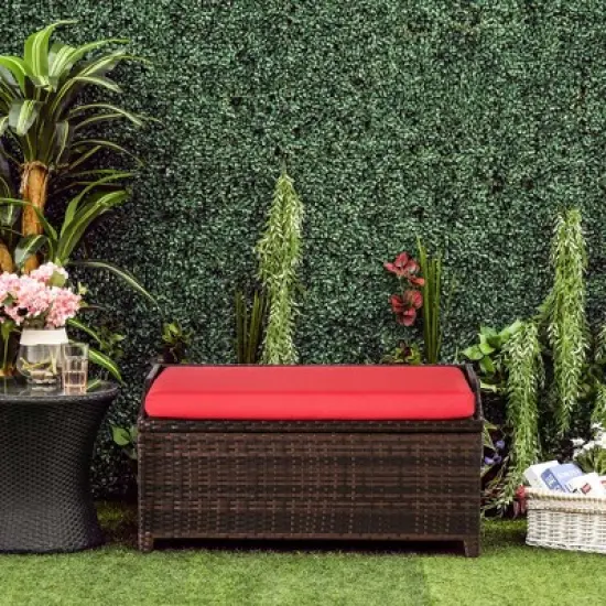 Outsunny Storage Bench Rattan Wicker Garden Deck Box Bin with Interior Waterproof Cloth Bag and Comfortable Cushion image {2}