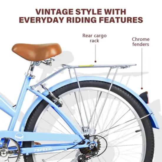 hykolity 26 inch Cruiser Bike Beach Bicycle City Bike Commuter Cycling 7 Speed for Adult Women Front Basket Rear Rack Aquamarine image {5}