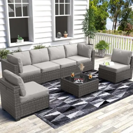 7 Piece Patio Furniture Set - PE Rattan Wicker Sectional Sofa with Cushions & Glass Coffee Table for Garden, Balcony, Porch, Backyard image {9}