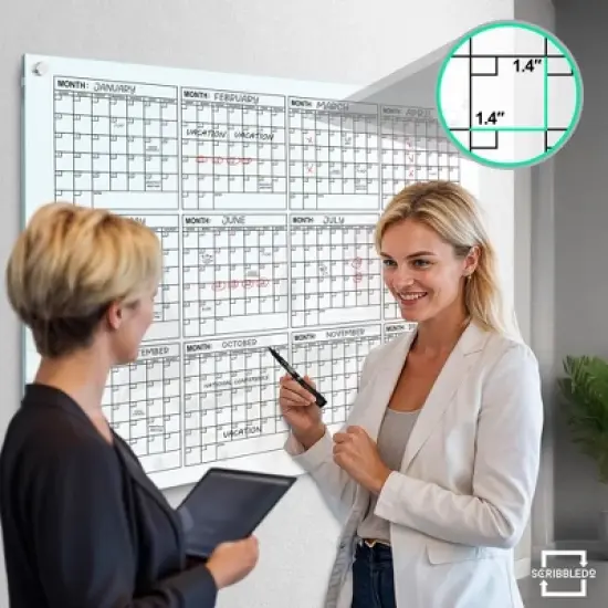 SCRIBBLEDO Yearly Calendar Glass Board 34"x46" Dry Erase Whiteboard 12 Month Wall Planner image {2}