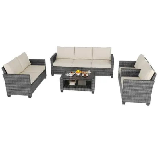 5-Piece Rattan Patio Furniture Set - 7-Seat Outdoor Furniture Sectional Sofa with Storage Table, Wicker Patio Furniture Set with Cushions image {3}