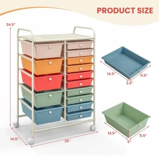 Costway 15 Drawer Rolling Storage Cart Tools Scrapbook Paper Office School Organizer Multicolored image {3}