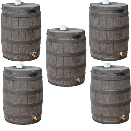 Good Ideas Rain Wizard 50 Gallon Plastic Outdoor Home Rain Barrel Water Storage Collector with Brass Spigot and Flat Back Design, Oak (5 Pack) image {6}