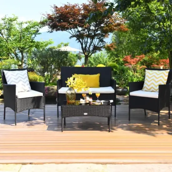 Costway 4PCS Rattan Patio Furniture Set Cushioned Sofa Chair Coffee Table image {15}