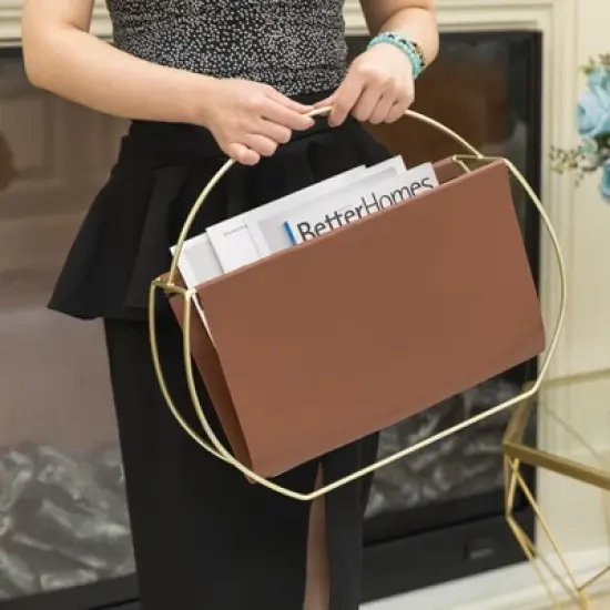 Fabulaxe Gold Metal and Brown Leather Modern Decorative Freestanding Magazine Book Rack Storage Holder image {3}