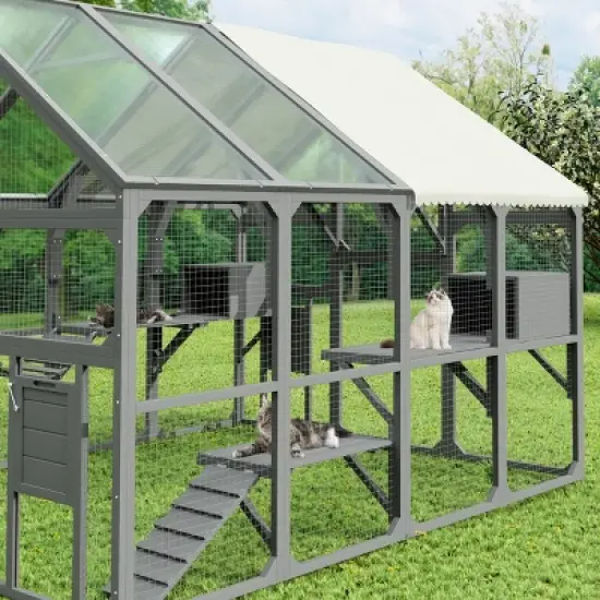 YOOCOZZ Large Catio Outdoor Cat Enclosure, Wooden Cat House with 7 Platforms, 2 Resting Boxes, 1 Bridge and 1 Ramp, Sunshine Board Roof-Gray image {4}