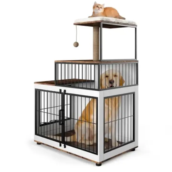 Multi-Functional Dog Crate Furniture - Cat Scratching Post, Resting Platform, Rotating Food Bowl, 2 in 1 Wood & Metal Pet Kennel Cage for Homes image {7}