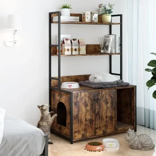 52in Tall Cat Litter Box Furniture, Litter Box Enclosure, 3 Layers Storage Shelf for Most of Litter-Box, Indoor Cat House Kitty Washroom image {6}