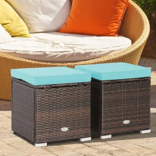 Costway 2PCS Patio Rattan Ottomans Seat Side Table Storage Box Footstool with Cushions Red/Grey/Black image {14}