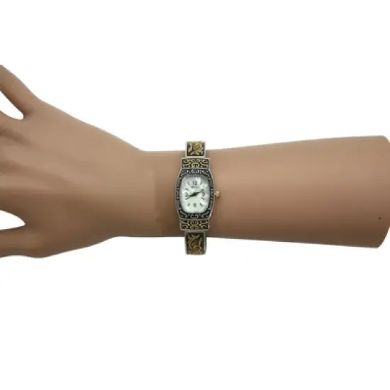 Two Tone Delicate Textured Bangle Women Watch image {2}