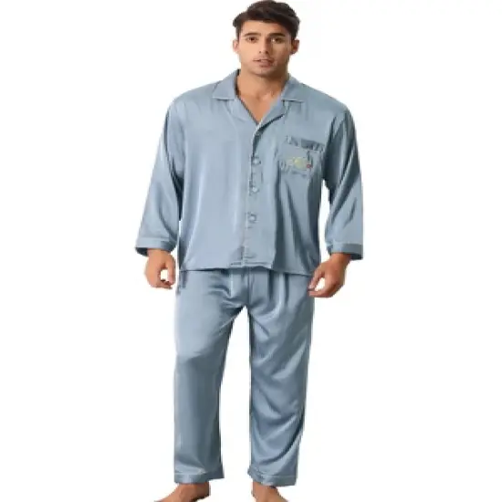 cheibear Men's Sleepwear Long Sleeve Button Down Shirt Pants Matching Couple Pajama Sets image {6}