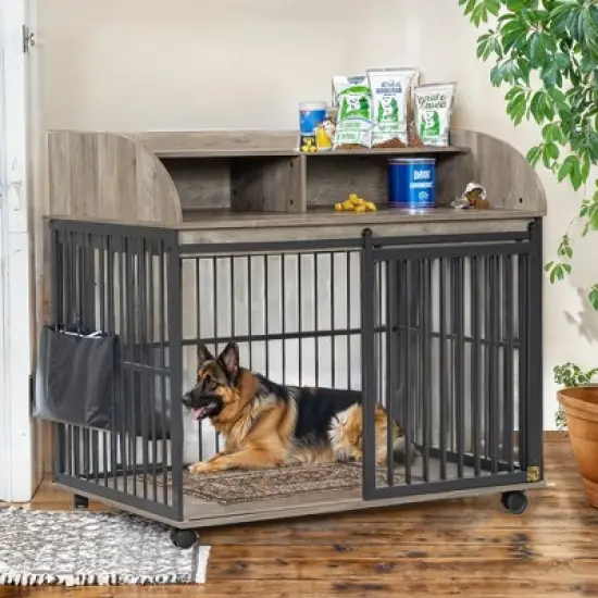 YOOCOZZ 44'' Heavy Duty Large Dog Crate, with Lockable Wheels, Wooden Dog Crate Dog Kennel, End Table Crate with Double layer storage-Gray image {14}
