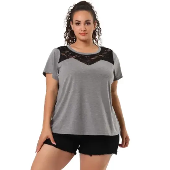 Agnes Orinda Women's Plus Size Lace Insert Short Sleeves Round Neck T-shirts image {11}
