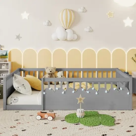 JUJABU Full Wood Floor Bed Frame with High Rails, Built-In Light & Storage Shelf for Kids image {2}