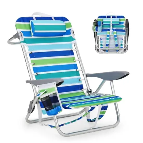 Backpack Beach Chair for Adults 2 PCS, Lightweight Portable Lay Flat Folding Beach Chair with 5 Reclining Positions, Backpack Straps, Phone Pocket image {2}