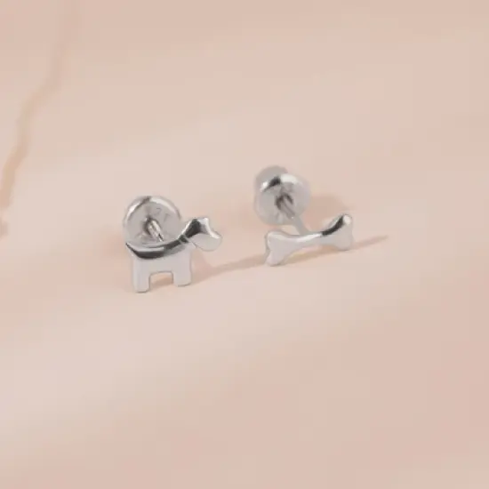 Girls' Dainty Dog & Bone Screw Back Sterling Silver Earrings - In Season Jewelry image {3}