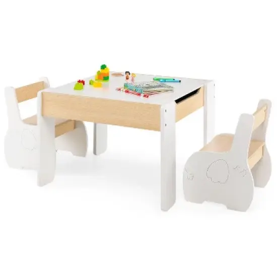 Yinvani 4-in-1 Wooden Activity Kids Table and Chairs with Storage and Detachable Blackboard image {1}