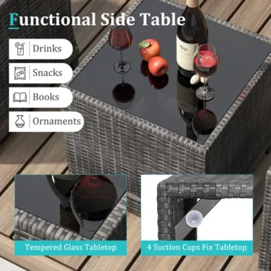 Tangkula 3 Pieces Patio Bistro Set Outdoor PE Rattan Conversation Chair Set with Tempered Glass Side Table and Removable Cushions Turquoise image {6}