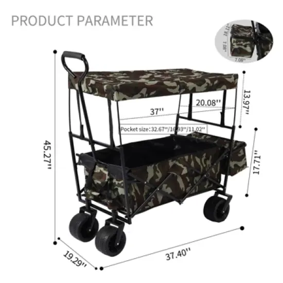 Outdoor Garden Park Wagon with Canopy and Pockets Foldable Portable Utility Beach Trolley Cart image {1}