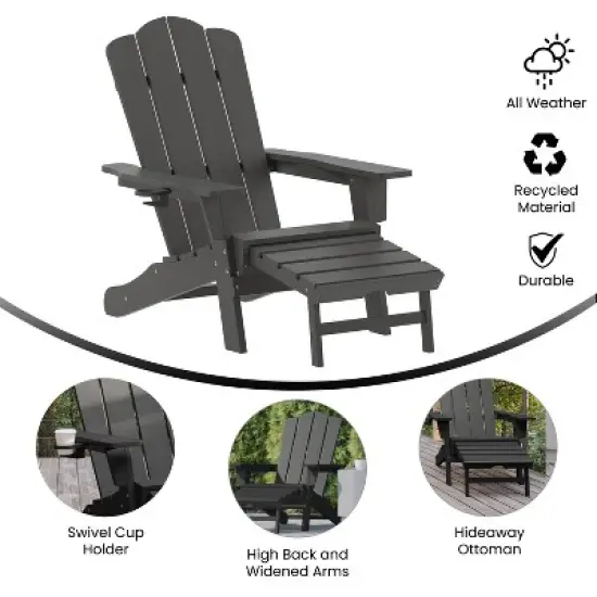 Emma and Oliver Adirondack Chair with Cup Holder and Pull Out Ottoman, All-Weather HDPE Indoor/Outdoor Lounge Chair image {5}