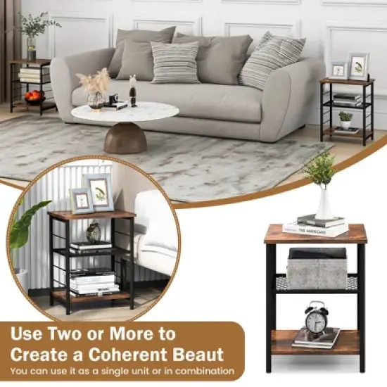 Costway 2 PCS 3-Tier Side End Table with Adjustable Mesh Shelf Narrow Nightstand image {7}
