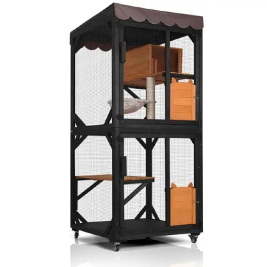Aivituvin Wooden Cat Catio with Wheels| Scratching Post|Roof Tarp-AIR7014 image {7}