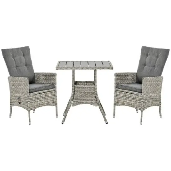 Outsunny 3 Pieces Patio PE Rattan Sofa Set, Outdoor Recliner Chairs with Wood Grain plastic Top Coffee Table Conversation Furniture Set, for Garden, Backyard, Deck image {7}