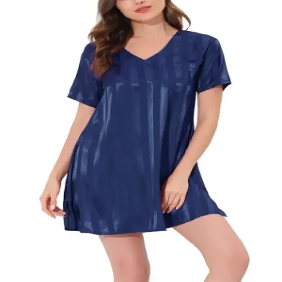 cheibear Womens  Sleepwear Pajama Dress Lounge Short Sleeve Striped Nightgown image {1}