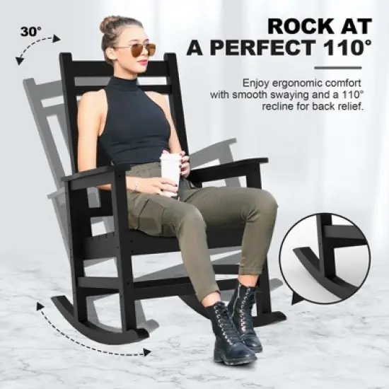 Outdoor HDPE Rocking Chairs &ndash; Oversized All-Weather Patio Rockers &ndash; Heavy Duty 350lb Capacity, Anti-Rollover Design (Black) image {5}