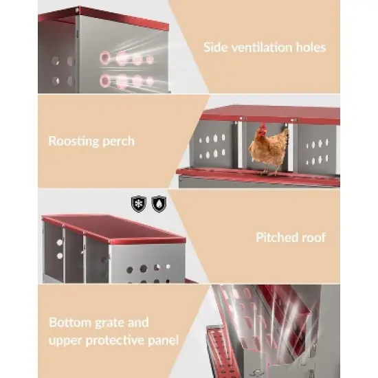 Red 10-Compartment Wall-Mountable Metal Chicken Nesting Box, Roll Away Rustproof Design, Ventilated with Perch & Waterproof image {3}