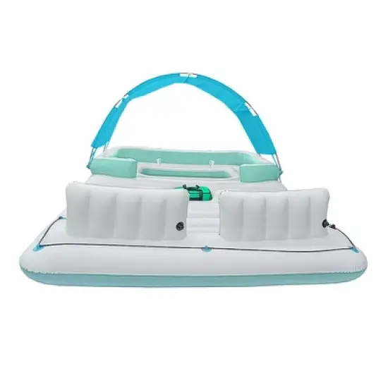 Comfy Floats 91464VM 13 Foot Misting Party Platform Inflatable Summer Float for Pool, Lake, River Fits 6 People, White/Aqua Blue image {3}