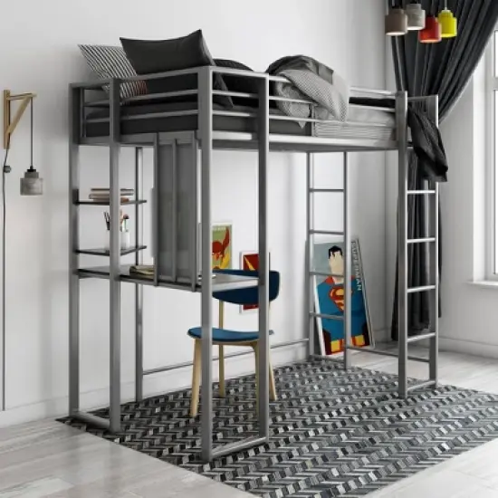 Twin Adele Loft Bed with Desk Silver - Room & Joy image {1}