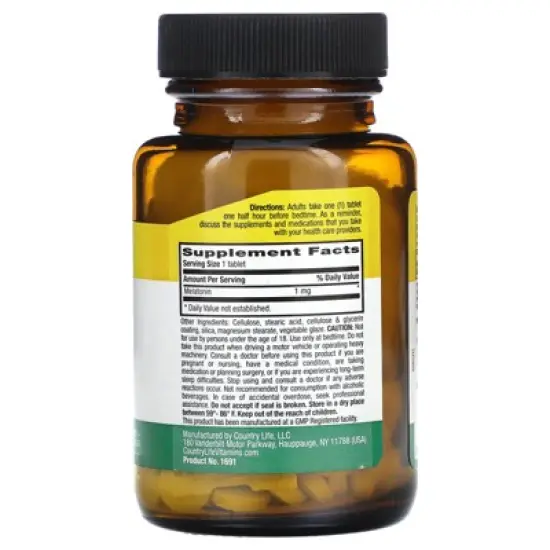 Country Life Melatonin, Rapid Release, 1 mg, 120 Tablets image {1}