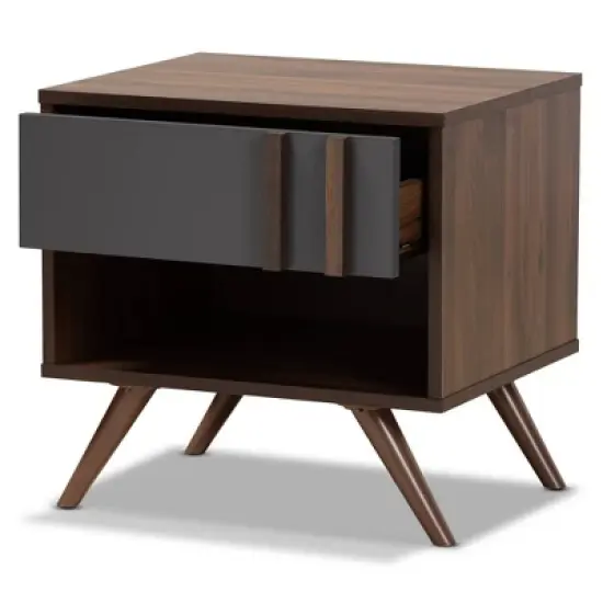 1 Drawer Naoki Two-Tone Wood Nightstand Gray/Walnut - Baxton Studio image {1}