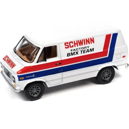 1976 Chevrolet G20 Van White with Stripes "Schwinn Factory BMX Team" "Pop Culture" 1/64 Diecast Model Car by Johnny Lightning image {1}