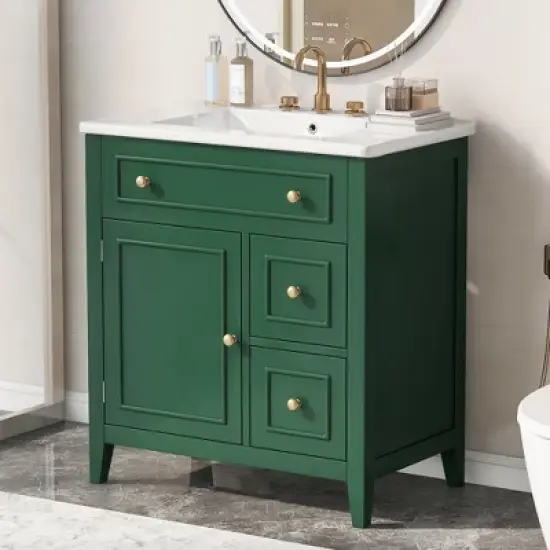 KWPZQEB 30" Bathroom Vanity with Ceramic Sink, Vanity Cabinet with Door & 2 Drawers, Modern Sink Cabinet with Solid Wood Frame for Bathroom image {1}