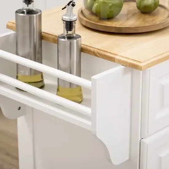 HOMCOM Kitchen Island with Storage Rolling Kitchen Serving Cart with Rubber Wood Top Towel Rack Storage Drawer and Cabinet White image {4}
