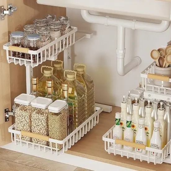 Boersma Adjustable Height 2-Tier Metal Drawer Organizer &ndash; Under Sink Storage Rack with Sliding Baskets for Kitchen, Bathroom, Pantry，Black image {3}