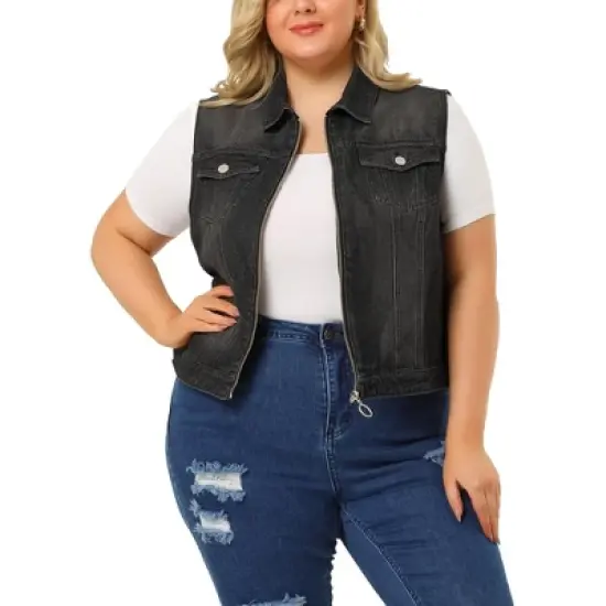 Agnes Orinda Women's Plus Size Trucker Zipper Front Sleeveless Denim Jacket Vests image {11}