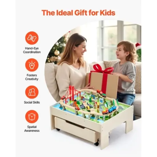 VEVOR Train Table, 100 Multicolor Pieces Wooden Kids Activity Table with Rolling Drawer, 3-in-1 Wooden Train Set for Kids Ages 3+, Multicolor image {6}