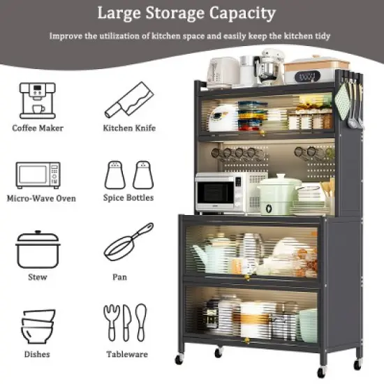 LIVAREEmlen 64" Kitchen Storage Baker's Racks with Wheels,Transparent Flap Door& DIY Hole Board,for Kitchen, Living Room and Dining Room,Gray image {4}