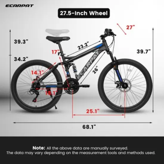 DSVIMOY 27.5 Inch Full Suspension Mountain Bike, 21-Speed, Suitable for Men and Women, Ideal for Travel, Blcak, 68.1"*27"*39.7" image {2}