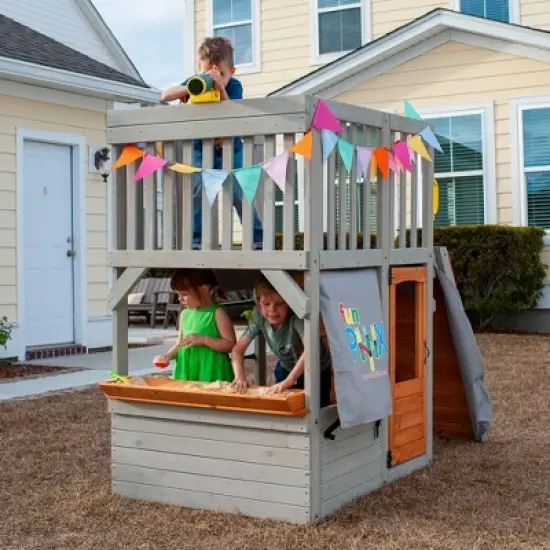 Funphix Lookout Post Outdoor Wooden Playhouse, Buildable Kids Backyard Playset with Climbing Ramp image {4}