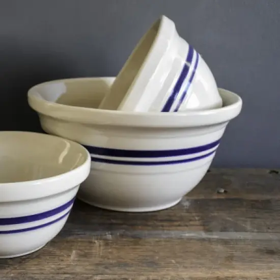 Ohio Stoneware Dominion Mixing Bowl, Stoneware with Food Safe Glaze, Tan with Blue Stripe, 12 inches image {2}