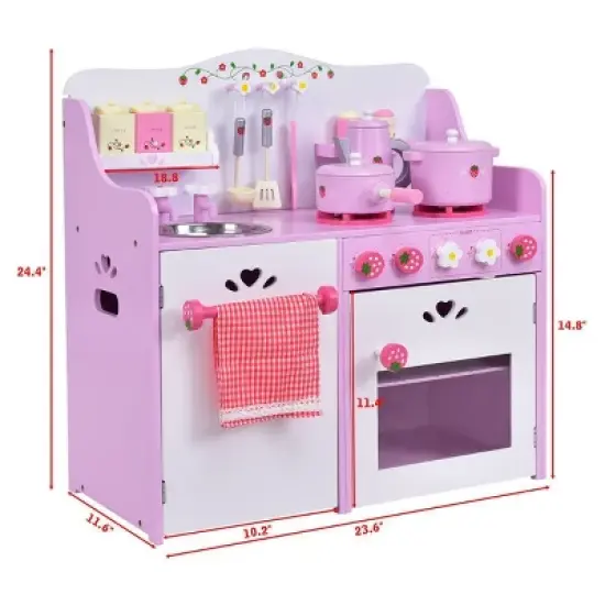 Costway Kids Wooden Play Set Kitchen Toy Strawberry Pretend Cooking Playset Toddler image {1}