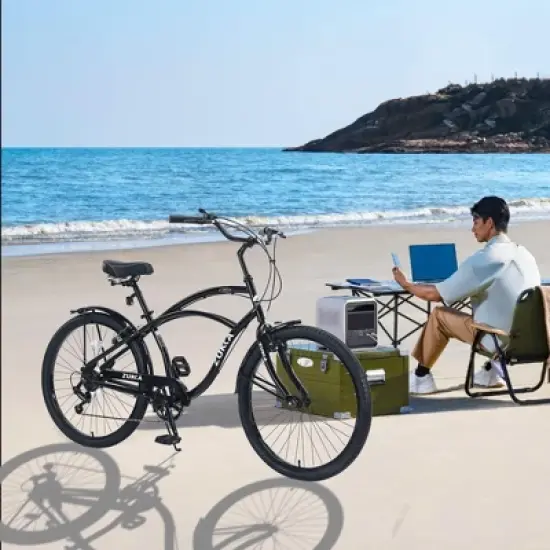 NAYSAYE Bicycle 26 Inch Beach Cruiser Bike 7 Speed Steel Frame for Relaxed Outdoor Riding, Black, 69.96"*28.32"*43.2" image {1}