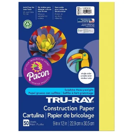 Pacon Tru-Ray Construction Paper Lively Lemon 9" x 12" 50 Sheets Per Pack 5 Packs (PAC103402-5) image {1}