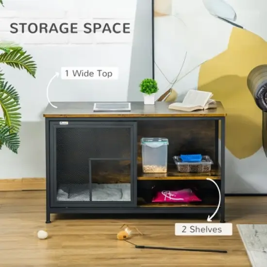 Gulches Cat Kennel, Furniture Style Dog Cage, Wood & Steel End Table Pet House with Cushion and Sliding Doors, Rustic Brown image {4}