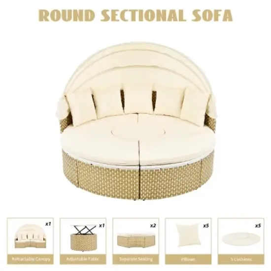 Round Tanning Bed PE Rattan Patio Daybed, Convertible Outdoor Sofa with Retractable Canopy and Removable Cushions �C Maison Boucle image {5}